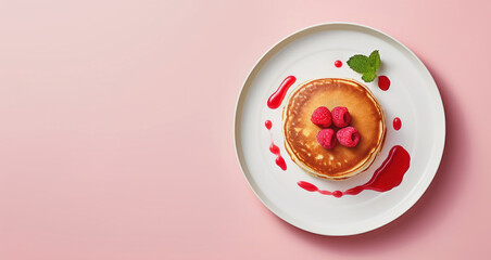 a pancake on a plate with a handful of raspberries and jam. view from above. copy space - obrazy, fototapety, plakaty