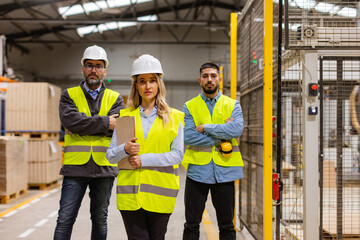 Portrait of team of warehouse employees standing in warehouse. Team of workers and female manger in modern industrial factory, heavy industry, manufactrury. Concept of team management.