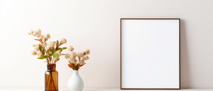 Mockup with empty space and vase with flowers. Still life composition. Spring time floral composition. Copy space. Generative AI