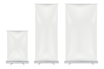 Blank vertical roll-up banner stand vector mock-up kit. Pull-up roller retractable standee mockup. White pop-up advertising display. Business exhibition set template - 704946153