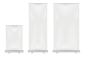 Foto op Canvas Blank vertical roll-up banner stand vector mock-up kit. Pull-up roller retractable standee mockup. White pop-up advertising display. Business exhibition set template © JAYANNPO