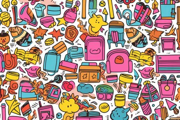 Cartoon cute doodles showcasing doodle sets of happy school supplies, including pencils, notebooks, and backpacks, in a seamless design, Generative AI