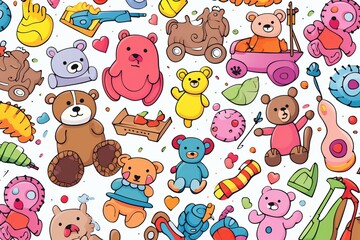 Cartoon cute doodles showcasing doodle sets of teddy bears, dolls, and toys in a delightful and adorable kids' seamless design, Generative AI