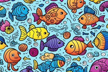 Cartoon cute doodles featuring a doodle set of underwater creatures, fish, and seashells in a playful and aquatic kids' seamless design, Generative AI