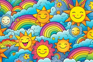 Cartoon cute doodles featuring doodle sets of smiling suns, clouds, and rainbows in a charming and colorful seamless design, Generative AI