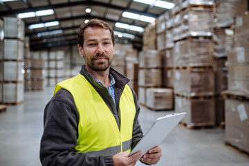 Portrait of warehouseman with clipboard checking delivery, stock in warehouse. Warehouse worker preparing products for shipment.