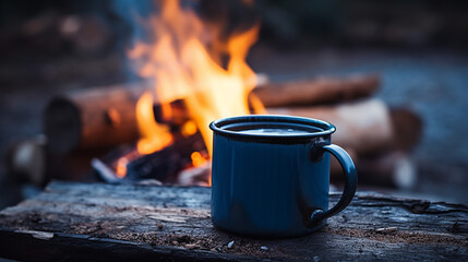 blue enamel cup of hot steaming coffee sitting on an old log by an outdoor campfire. Extreme shallow depth of field with selective focus on mug