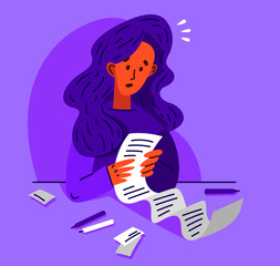 Young woman in trouble have a very long list to do, vector illustration of a stressed girl with long checklist, may be used as a long bill or check.