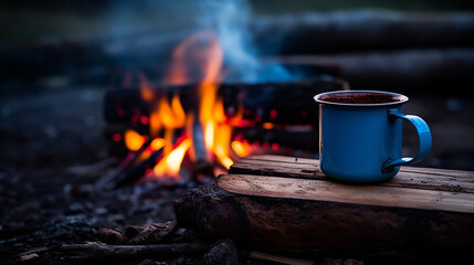 blue enamel cup of hot steaming coffee sitting on an old log by an outdoor campfire. Extreme shallow depth of field with selective focus on mug