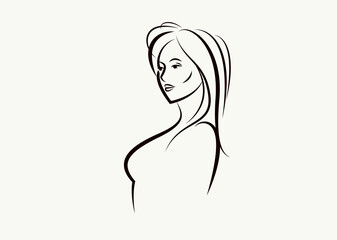 Beauty young woman face vector illustration, logo look like drawing for cosmetology or skincare or cosmetics brand, classic style emblem.