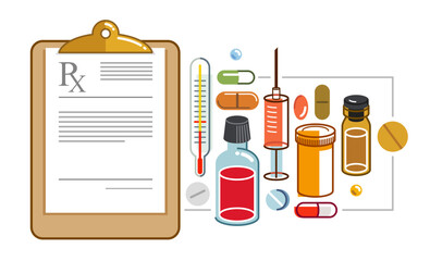 Prescription of medicine concept, different drugs and meds vector flat style illustration isolated over white, advertising banner health care and healing medical theme design, RX.