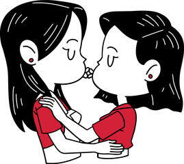 Cute lesbian couple kissing and hugging, valentine cartoon illustration