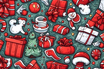 Cartoon cute doodles illustrating doodle sets of holiday-themed elements like presents, snowflakes, and ornaments in a festive seamless pattern, Generative AI