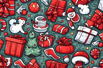 Obraz premium Cartoon cute doodles illustrating doodle sets of holiday-themed elements like presents, snowflakes, and ornaments in a festive seamless pattern, Generative AI