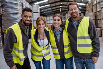Full team of warehouse employees standing in warehouse. Team of workers in reflective clothing in modern industrial factory, heavy industry, manufactrury. - obrazy, fototapety, plakaty