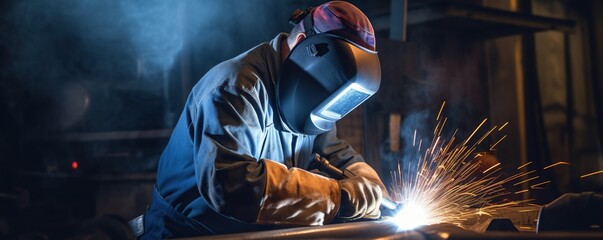 view of a welder at work in the automotive industry - obrazy, fototapety, plakaty