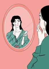 Woman Standing Before Mirror, Applying Moisturizer, Skincare routine Vector Art, Printable wall art for self-care and body positivity content