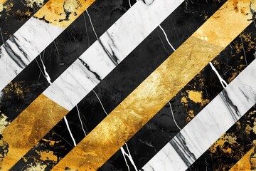 Elegant composition of diagonal black and white marble with golden leaf stripes, perfect for...
