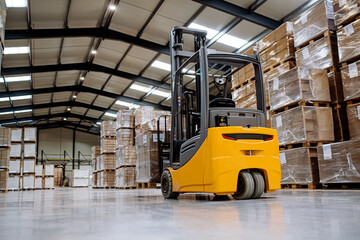 Back view of forklift in warehouse in the middle of stored goods.. Forklift driver preparing...