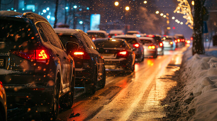 Traffic jams on the road in winter, winter holidays. Photorealistic, background with bokeh effect.  - obrazy, fototapety, plakaty