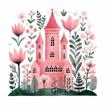cute minimal pink castle in 2d simple drawing style with flower
