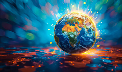 Vibrant digital illustration of a stylized globe with continents shining brightly, symbolizing global connectivity and diversity in a digital era - obrazy, fototapety, plakaty