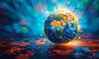 Foto op Canvas Vibrant digital illustration of a stylized globe with continents shining brightly, symbolizing global connectivity and diversity in a digital era © Bartek