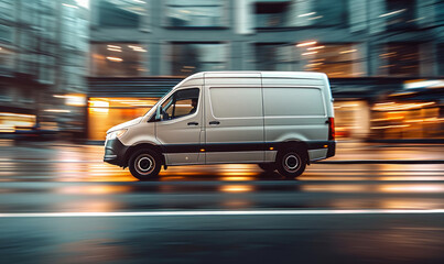 Obraz premium Speeding White Delivery Van in Urban Setting Captures the Fast-Paced Nature of City Logistics and E-commerce Delivery Services