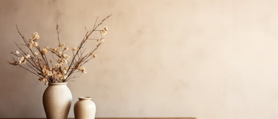 Mockup with empty space and vase with flowers. Still life composition. Spring time floral composition. Copy space. Generative AI