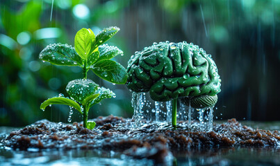 Conceptual image of a brain as a growing plant being watered, symbolizing mental growth and personal development - obrazy, fototapety, plakaty