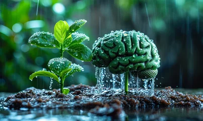 Foto op Canvas Conceptual image of a brain as a growing plant being watered, symbolizing mental growth and personal development © Bartek