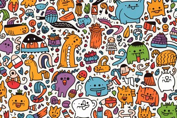 Cartoon cute doodles of playful animals and whimsical characters forming a delightful kids' seamless pattern, Generative AI