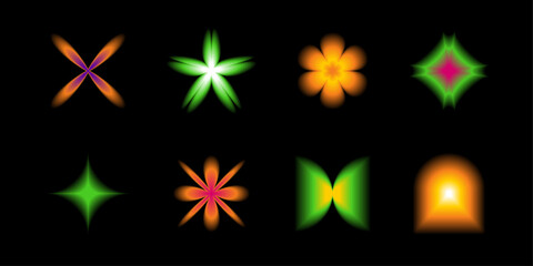 Green and orange aura geometric shapes collection. Blurry abstract figures with y2k gradient in brutalism style. Vector modern illustration