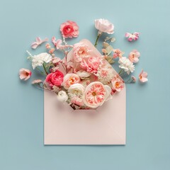 Colorful blossoms emerge elegantly from a teal-colored envelope on a pink background