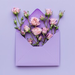 Gorgeous pink peonies overflow from a lavender envelope, complementing a minimalist backdrop