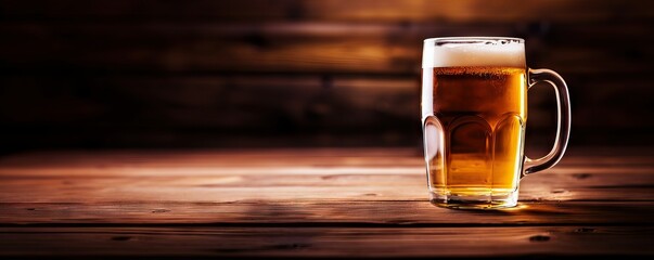Glass with cold fresh beer on wooden background. Oktoberfest and St. Patrick's day celebration in a pub or bar. Card, banner, poster, flyer with copy space