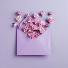 Overhead shot of pink roses spilling from a purple envelope on a solid background