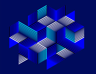 Dark blue vector abstract geometric background with cubes and different rhythmic shapes, isometric 3D abstraction art displaying city buildings forms look like, op art.