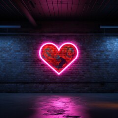 Colorful graffiti within a neon heart outline against a dark brick wall, with vibrant shades