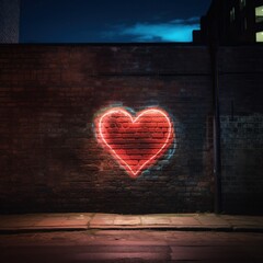 A glowing neon heart street art painted on a dark brick wall illuminated in the night, evoking romance