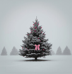 A solitary christmas tree adorned with pink decorations stands amidst a serene, snowy landscape