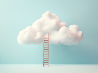 A stunning visual concept depicting a red ladder rising toward a solitary, fluffy cloud on a soft blue backdrop - obrazy, fototapety, plakaty