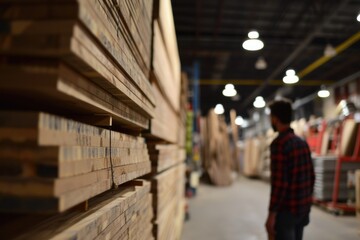 Man Selecting Plywood Boards at Wood Store - Carpentry and Construction Supplies Shopping