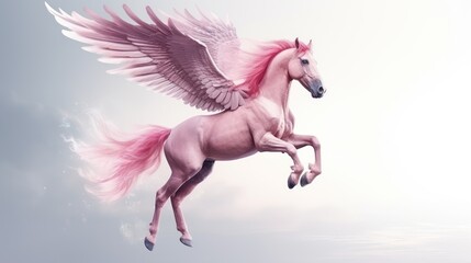 Obraz na płótnie Canvas stunning pink Pegasus, a divine winged stallion, gracefully flying against a white studio background, embodying the mythical beauty of Greek mythology.