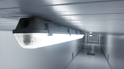 Close-up of a installation a long LED light bulb on the ceiling corridor room.