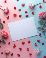 Elegant setup with pink roses, red hearts, and blank card on a creative split pink and blue background