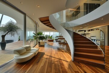 Modern Architecture: Glass Staircase and Parquet Flooring Inside a Stylish Loft
