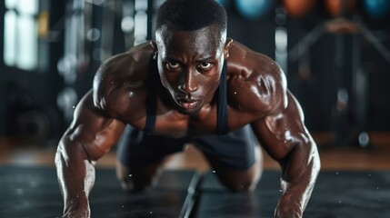 Fototapeta na wymiar a black afro-american athlete with healthy muscular body doing pushups in a gym while sweating and improving his physical body form