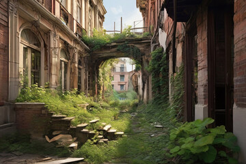 Fototapeta na wymiar Nature reclaims ruins. Old buildings embraced by nature's beauty. Stunning mix of decay and natural growth in urban landscapes.