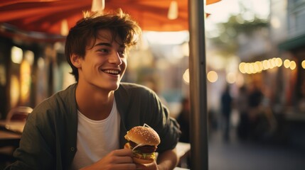 handsome young model man satisfying his hunger by enjoying an American burger at an outdoor...